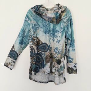 One World Knit Top Medium Teal Paisley Cowl Neck Long Sleeve Floral